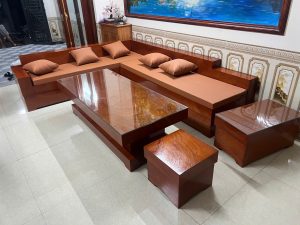Bộ bàn ghế Sofa góc L gỗ Hương đá đóng hộp kèm đệm